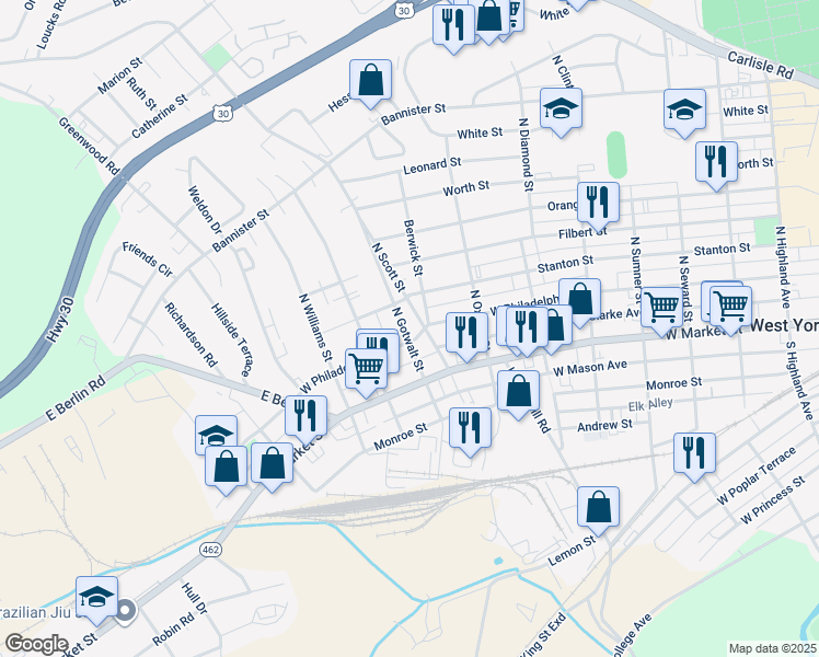 map of restaurants, bars, coffee shops, grocery stores, and more near 106 North Gotwalt Street in York