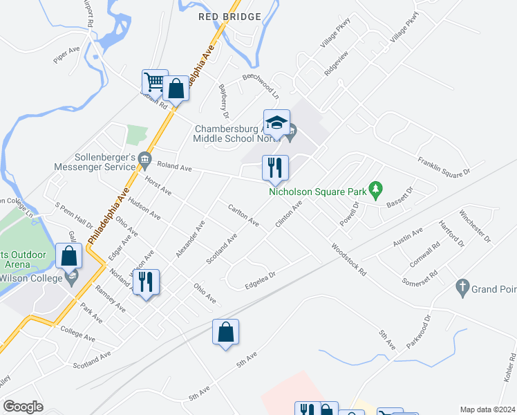 map of restaurants, bars, coffee shops, grocery stores, and more near 1831 Scotland Avenue in Chambersburg