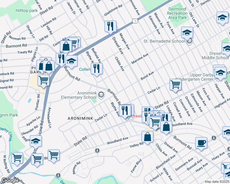 map of restaurants, bars, coffee shops, grocery stores, and more near 1004 Belfield Avenue in Drexel Hill