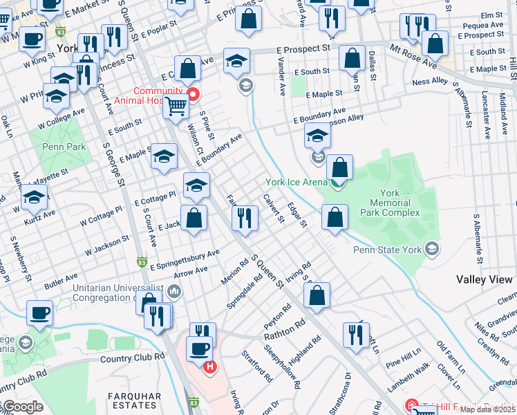 map of restaurants, bars, coffee shops, grocery stores, and more near 831 South Pine Street in York