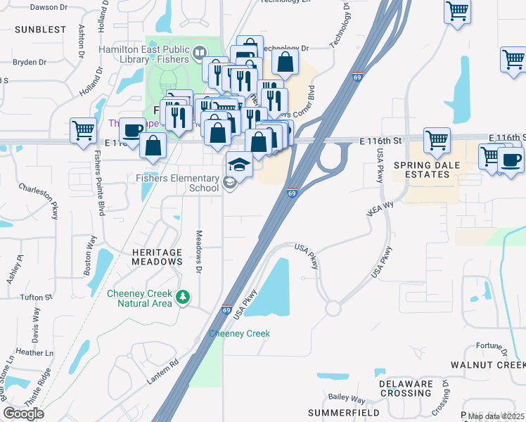 map of restaurants, bars, coffee shops, grocery stores, and more near 8936 Birch Street in Fishers