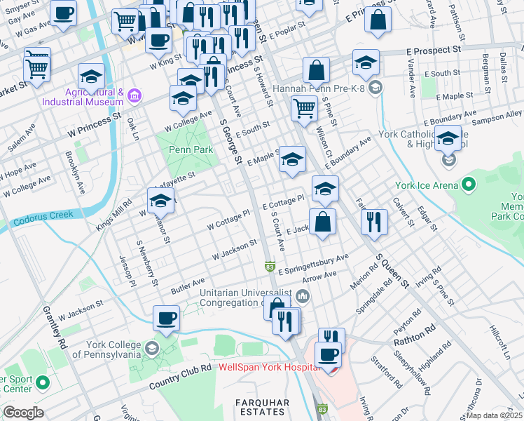 map of restaurants, bars, coffee shops, grocery stores, and more near 701 South George Street in York