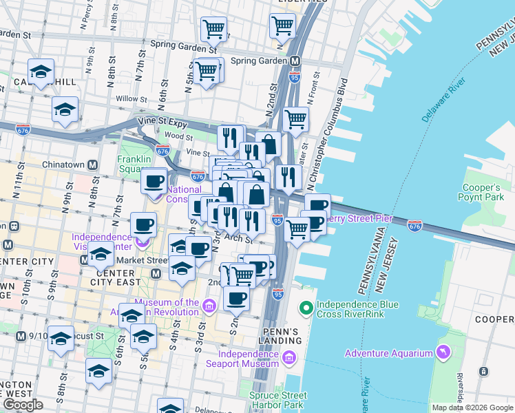 map of restaurants, bars, coffee shops, grocery stores, and more near 209 North 2nd Street in Philadelphia