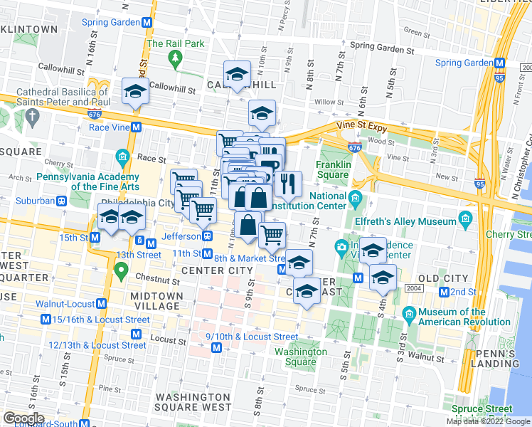 map of restaurants, bars, coffee shops, grocery stores, and more near 117 North 9th Street in Philadelphia