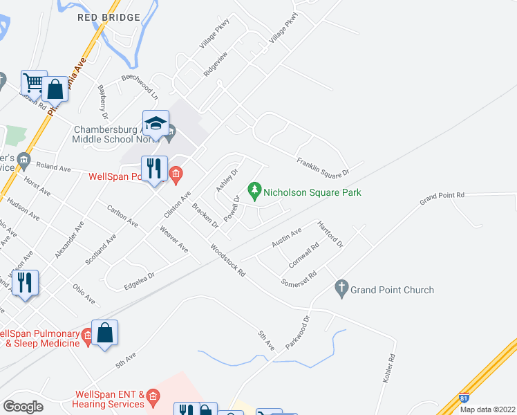 map of restaurants, bars, coffee shops, grocery stores, and more near 751 Bassett Drive in Chambersburg