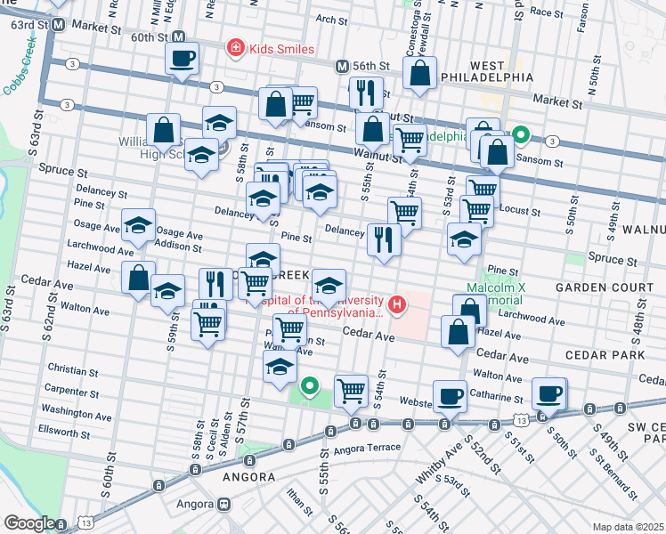 map of restaurants, bars, coffee shops, grocery stores, and more near 5531 Addison Street in Philadelphia