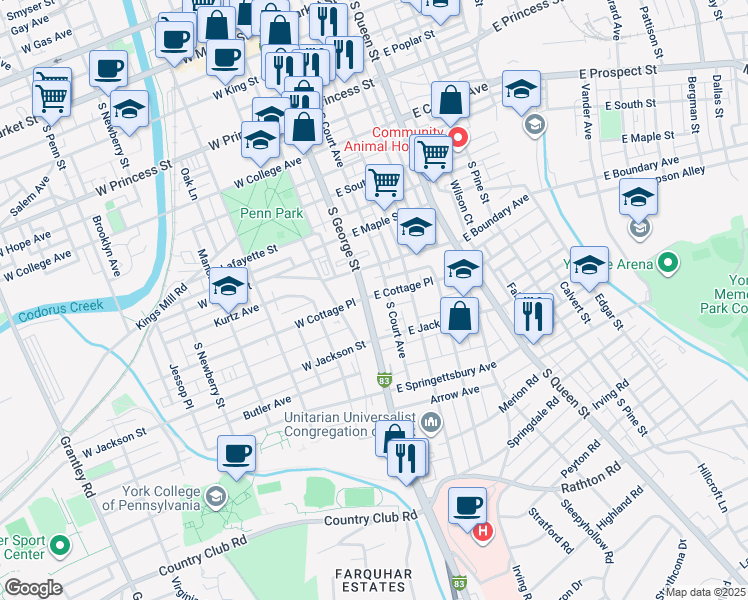 map of restaurants, bars, coffee shops, grocery stores, and more near 701 South George Street in York