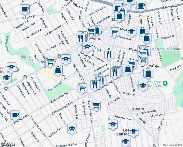 map of restaurants, bars, coffee shops, grocery stores, and more near 115 Glendale Road in Delaware County