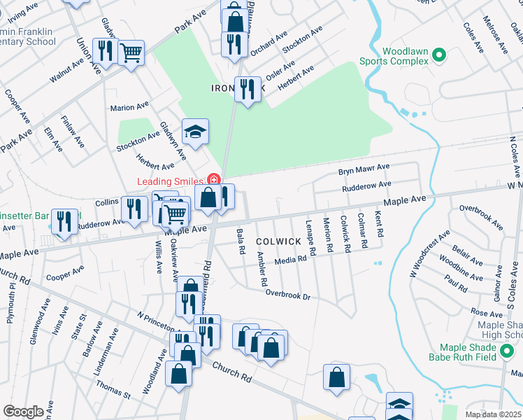 map of restaurants, bars, coffee shops, grocery stores, and more near 8001 Maple Avenue in Pennsauken Township