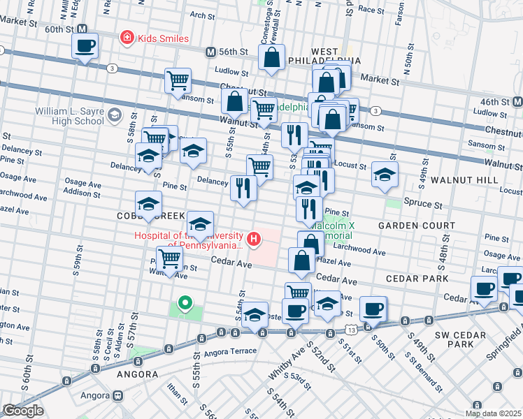 map of restaurants, bars, coffee shops, grocery stores, and more near 5347 Osage Avenue in Philadelphia