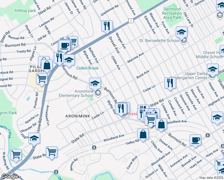 map of restaurants, bars, coffee shops, grocery stores, and more near 1004 Belfield Avenue in Drexel Hill