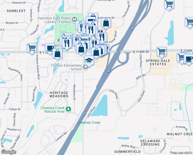 map of restaurants, bars, coffee shops, grocery stores, and more near 8936 Birch Street in Fishers