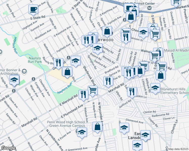 map of restaurants, bars, coffee shops, grocery stores, and more near 211 Margate Road in Upper Darby