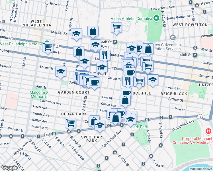 map of restaurants, bars, coffee shops, grocery stores, and more near 4625 Spruce Street in Philadelphia