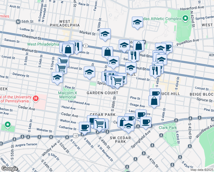 map of restaurants, bars, coffee shops, grocery stores, and more near 4838 Spruce Street in Philadelphia