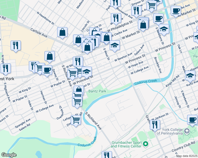 map of restaurants, bars, coffee shops, grocery stores, and more near 252 South Belvidere Avenue in York