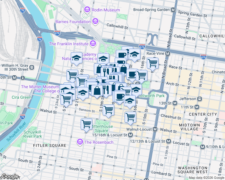 map of restaurants, bars, coffee shops, grocery stores, and more near 1835 Market Street in Philadelphia