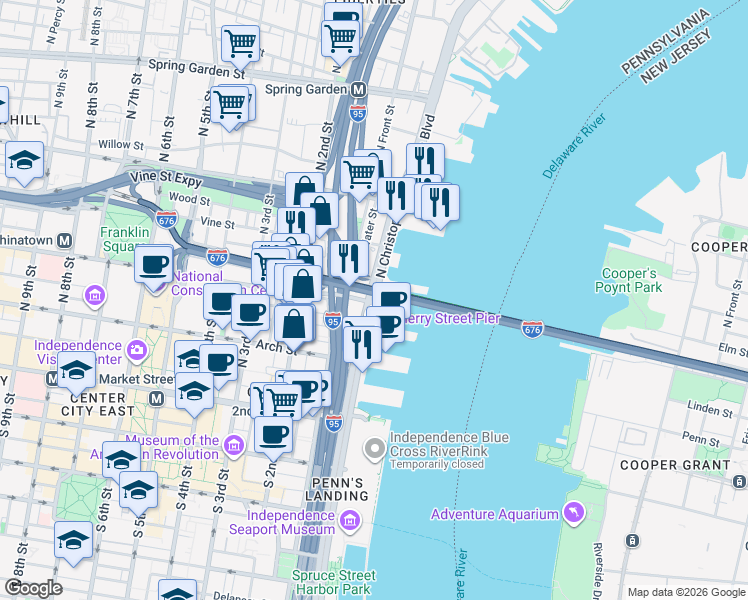 map of restaurants, bars, coffee shops, grocery stores, and more near North Christopher Columbus Boulevard in Philadelphia