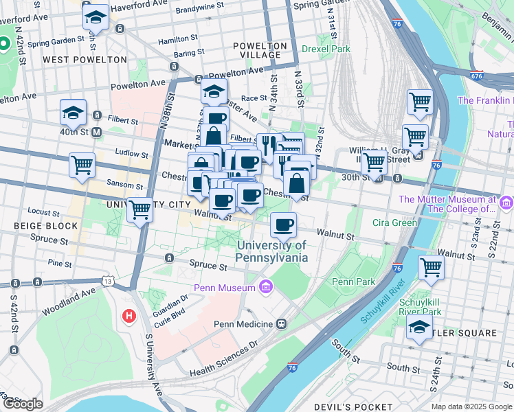 map of restaurants, bars, coffee shops, grocery stores, and more near Sansom Street & South 34th Street in Philadelphia