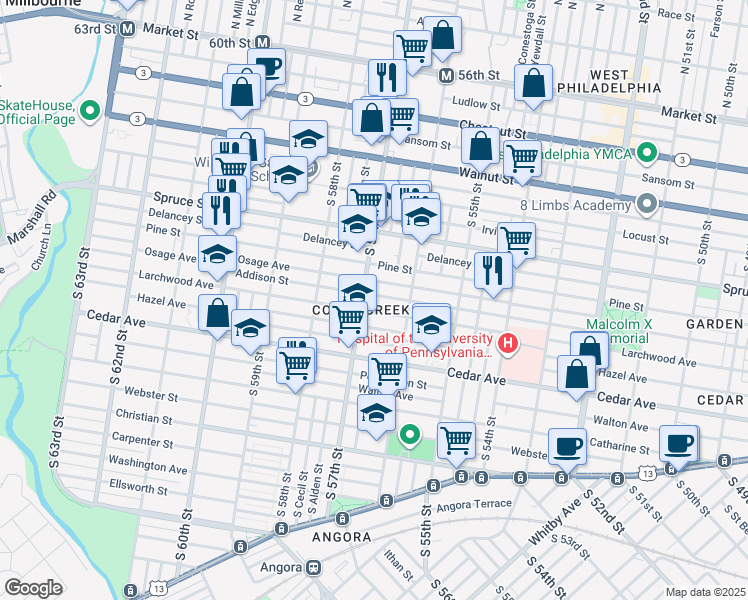 map of restaurants, bars, coffee shops, grocery stores, and more near 5636 Osage Avenue in Philadelphia
