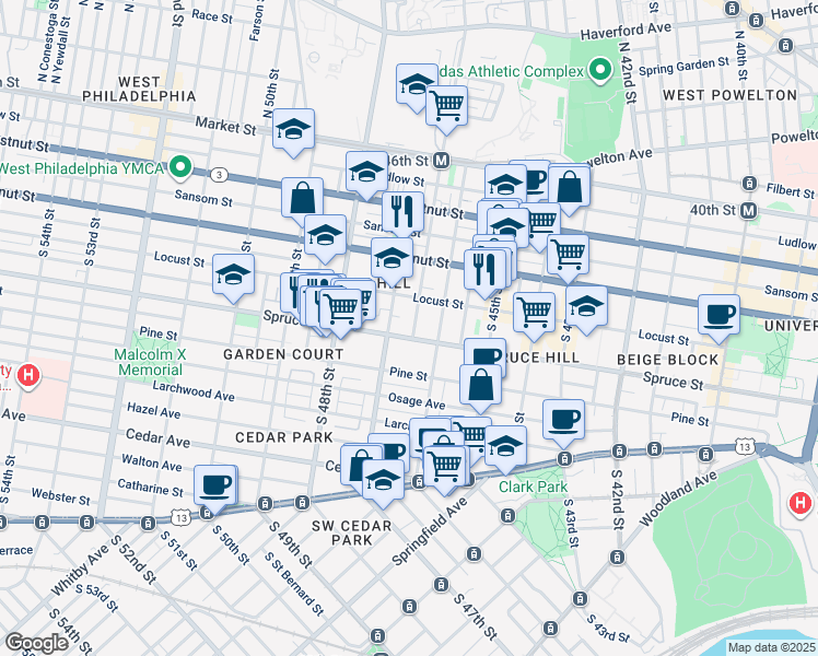 map of restaurants, bars, coffee shops, grocery stores, and more near 4625 Spruce Street in Philadelphia