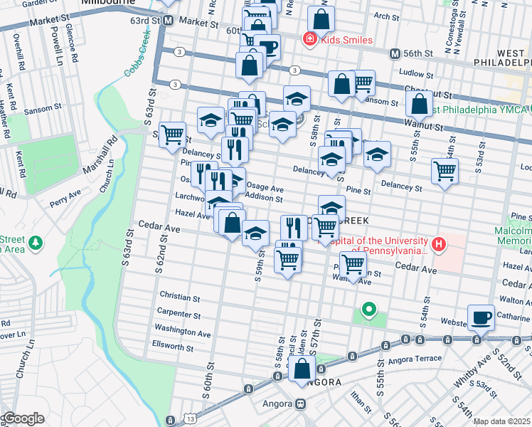 map of restaurants, bars, coffee shops, grocery stores, and more near 5900 Larchwood Avenue in Philadelphia