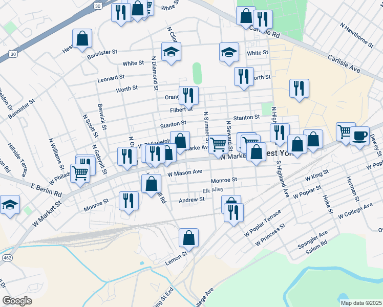 map of restaurants, bars, coffee shops, grocery stores, and more near 1775 West Market Street in West York
