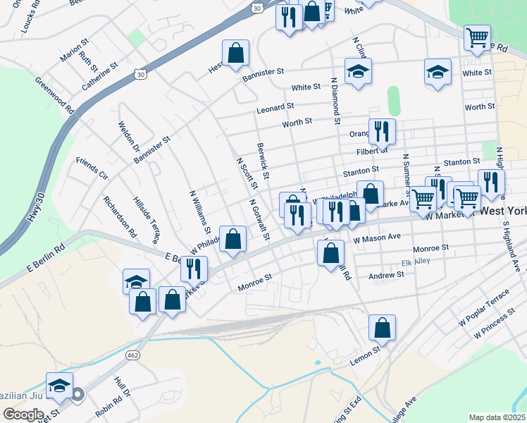 map of restaurants, bars, coffee shops, grocery stores, and more near 106 North Gotwalt Street in York