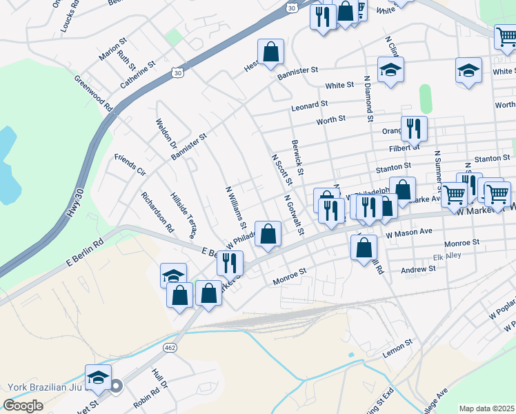 map of restaurants, bars, coffee shops, grocery stores, and more near 128 North Forrest Street in York