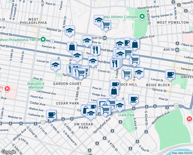 map of restaurants, bars, coffee shops, grocery stores, and more near 4627 Spruce Street in Philadelphia