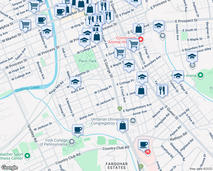 map of restaurants, bars, coffee shops, grocery stores, and more near 633 Cleveland Avenue in York