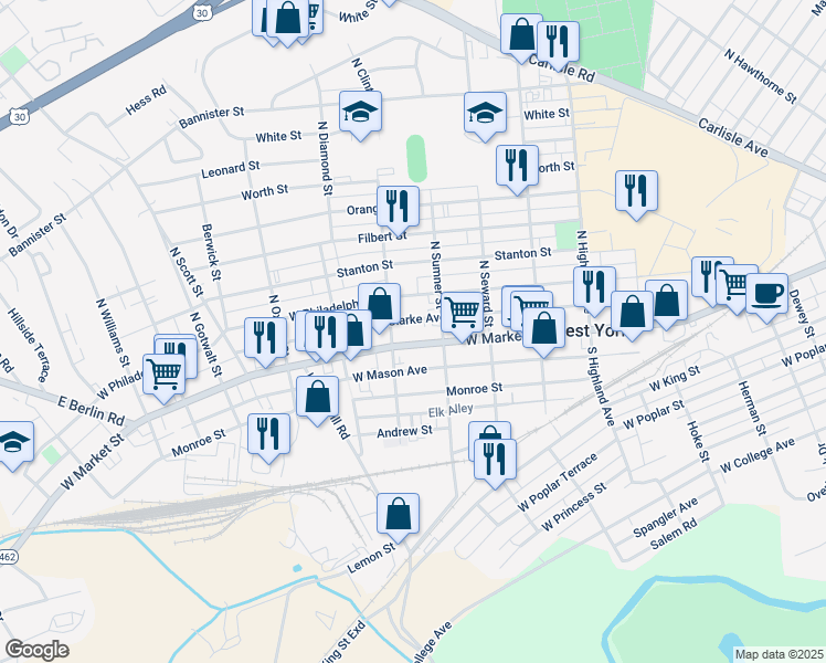 map of restaurants, bars, coffee shops, grocery stores, and more near 1767 West Market Street in West York