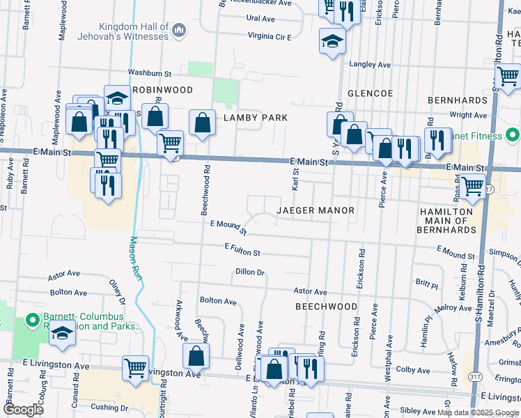 map of restaurants, bars, coffee shops, grocery stores, and more near 3974 Andrus Avenue in Columbus