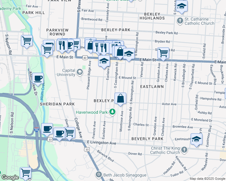 map of restaurants, bars, coffee shops, grocery stores, and more near 744 Euclaire Avenue in Columbus