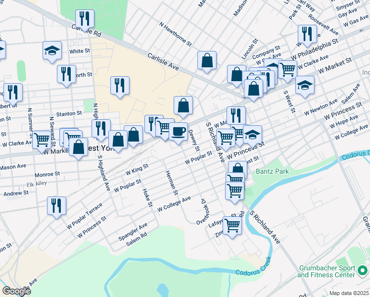 map of restaurants, bars, coffee shops, grocery stores, and more near 1125 West King Street in York