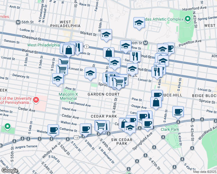 map of restaurants, bars, coffee shops, grocery stores, and more near 4838 Spruce Street in Philadelphia