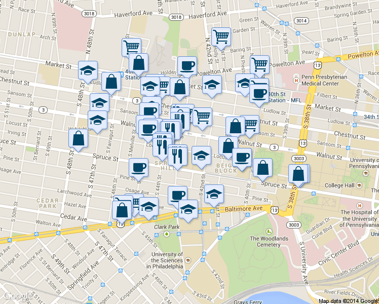 map of restaurants, bars, coffee shops, grocery stores, and more near in Philadelphia