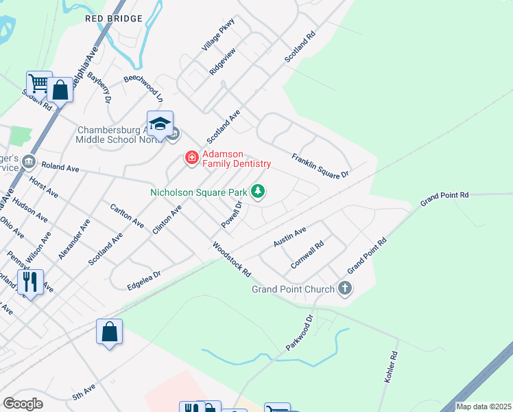 map of restaurants, bars, coffee shops, grocery stores, and more near Bassett Drive in Chambersburg
