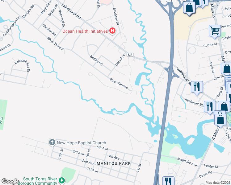 map of restaurants, bars, coffee shops, grocery stores, and more near 228 Edgewood Drive in Toms River