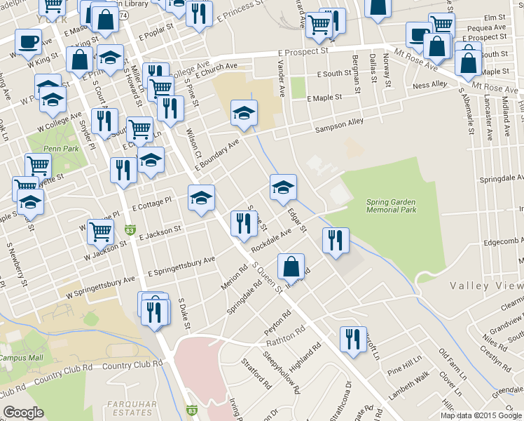map of restaurants, bars, coffee shops, grocery stores, and more near 831 South Pine Street in York
