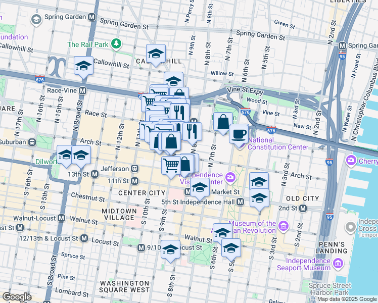 map of restaurants, bars, coffee shops, grocery stores, and more near 800 Cherry Street in Philadelphia
