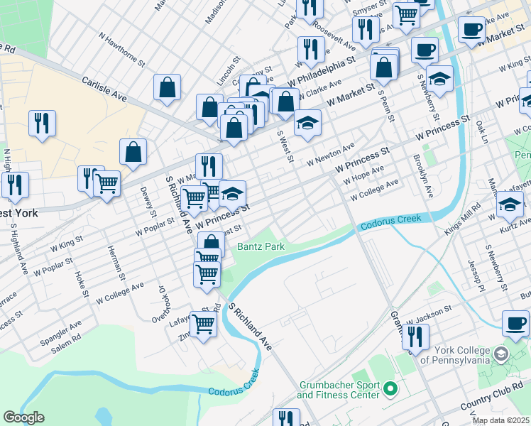 map of restaurants, bars, coffee shops, grocery stores, and more near 250 South Belvidere Avenue in York