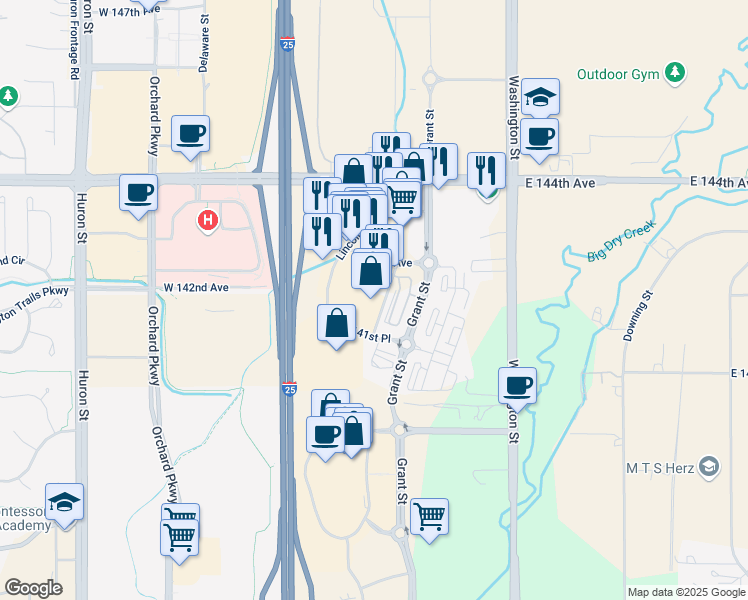 map of restaurants, bars, coffee shops, grocery stores, and more near 14200 Lincoln Street in Thornton