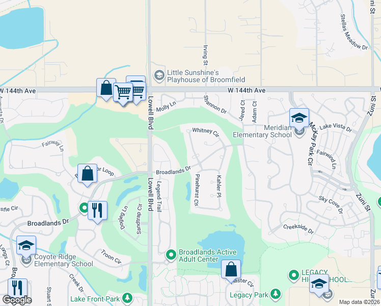 map of restaurants, bars, coffee shops, grocery stores, and more near 14133 Whitney Circle in Broomfield
