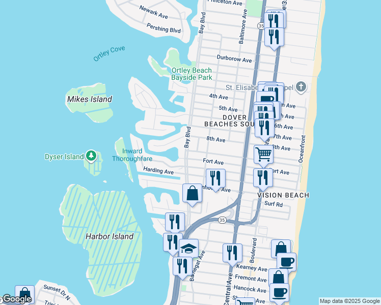 map of restaurants, bars, coffee shops, grocery stores, and more near 1821 Richmond Avenue in Seaside Heights