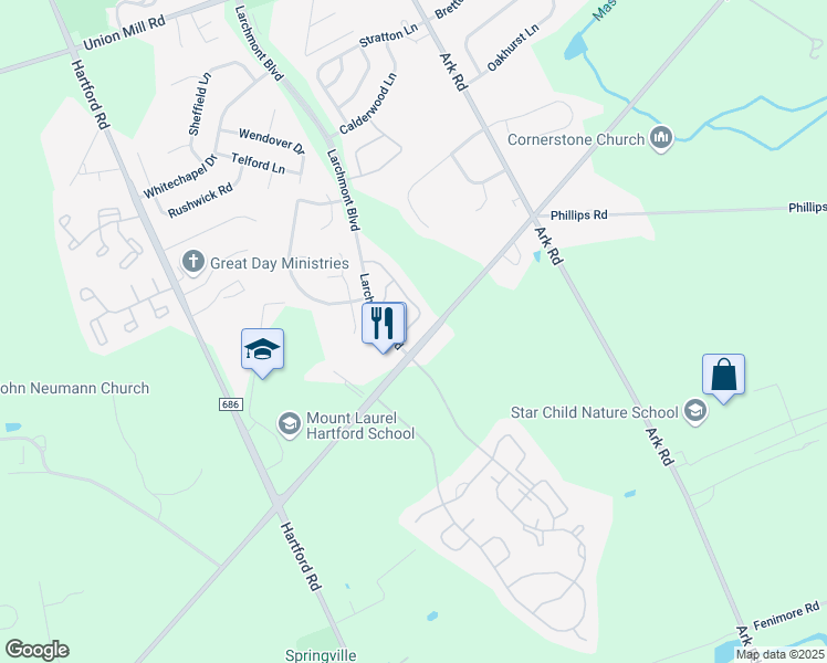 map of restaurants, bars, coffee shops, grocery stores, and more near 1201A Ralston Drive in Mount Laurel Township