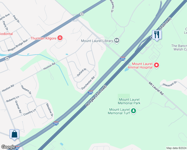 map of restaurants, bars, coffee shops, grocery stores, and more near 142 Canterbury Road in Mount Laurel Township