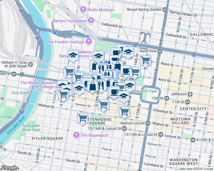 map of restaurants, bars, coffee shops, grocery stores, and more near 1835 Market Street in Philadelphia
