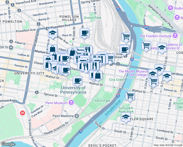 map of restaurants, bars, coffee shops, grocery stores, and more near 3141 Chestnut Street in Philadelphia