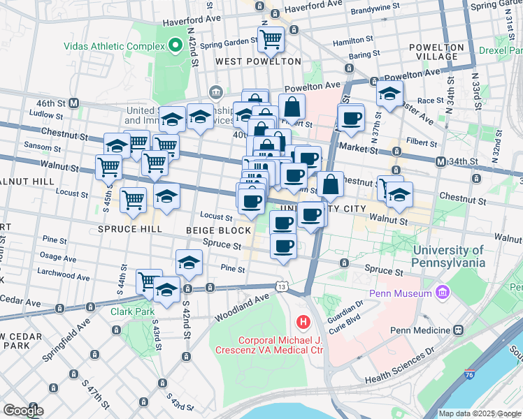 map of restaurants, bars, coffee shops, grocery stores, and more near in Philadelphia
